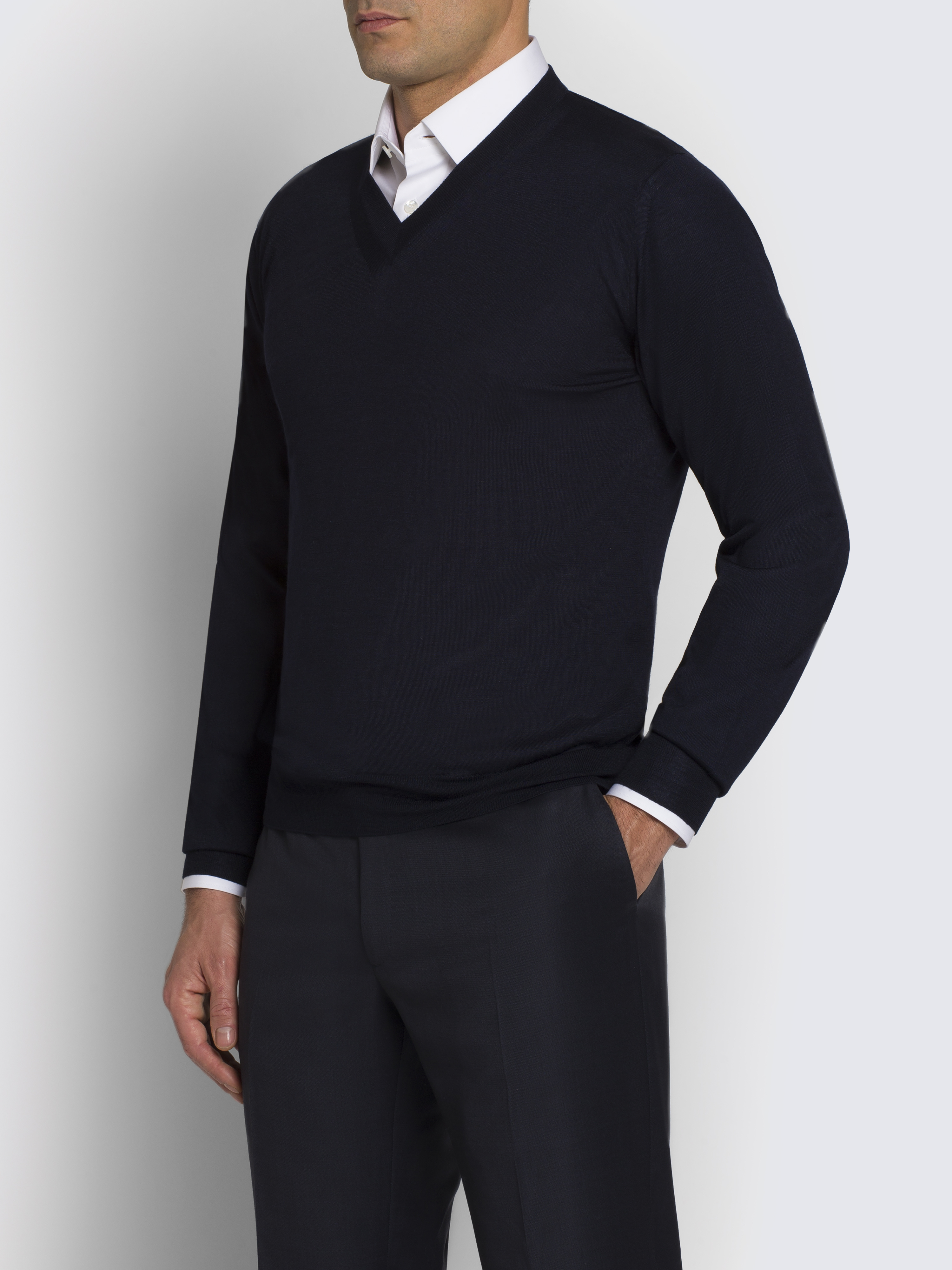Essential midnight blue wool, cashmere and silk V-neck sweater