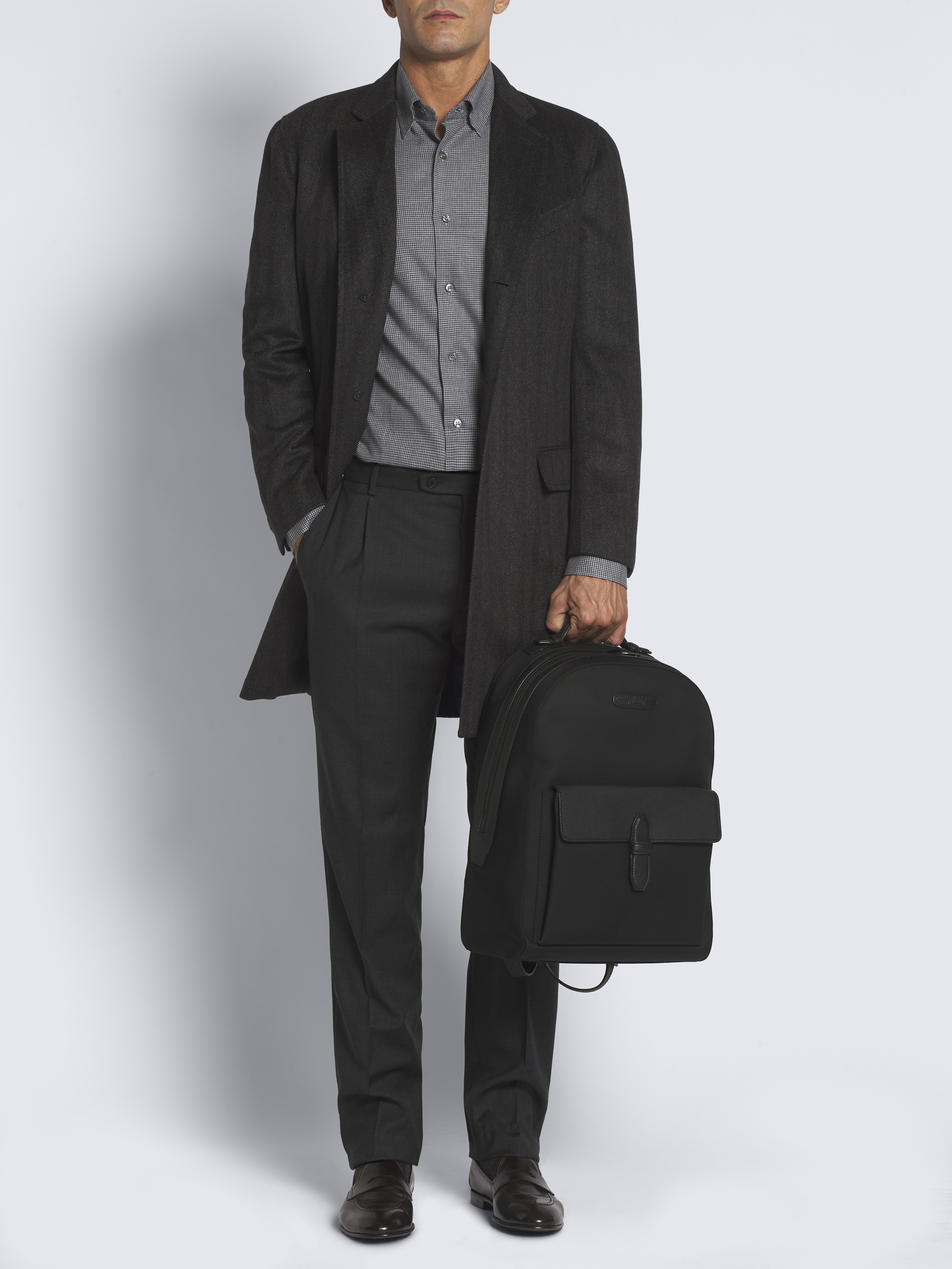 ブラック ナイロン & グレインレザー バックパック