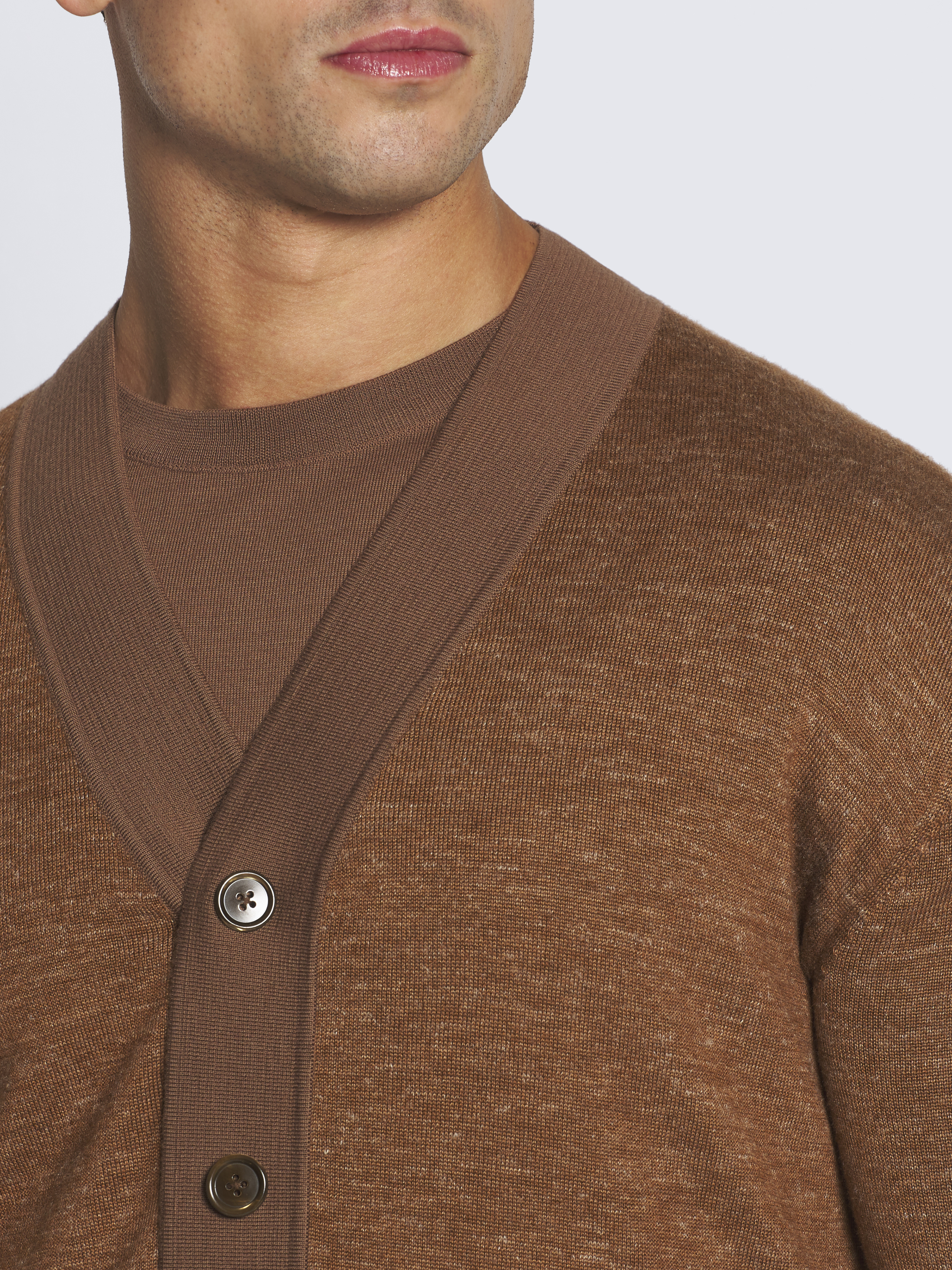 Burnt brown cashmere, wool, silk and hemp mouliné cardigan