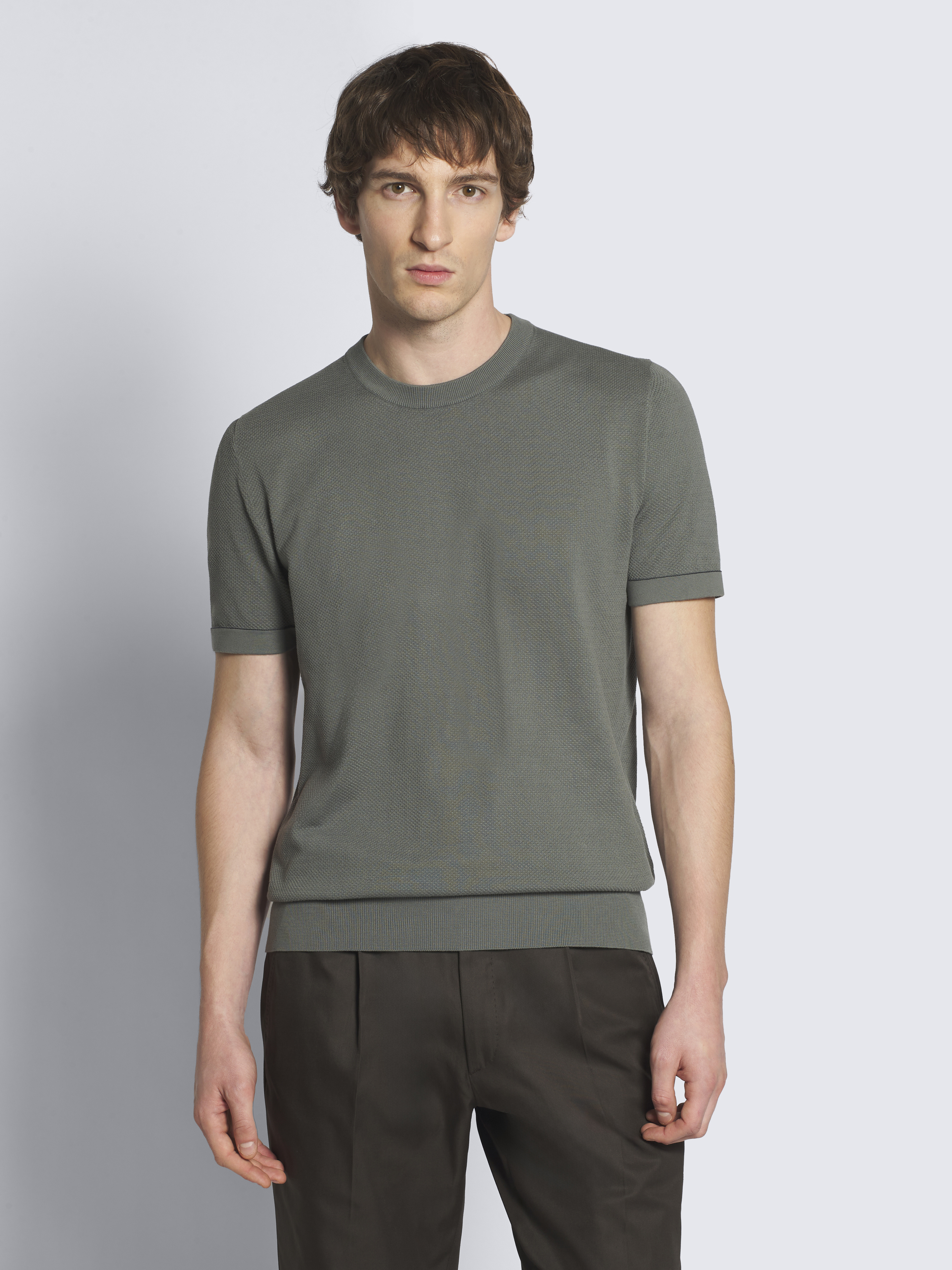 Brioni Pique Ringer S/S Tee 国内代理店表記有 L Olive green Sea Island cotton piqué T-shirt