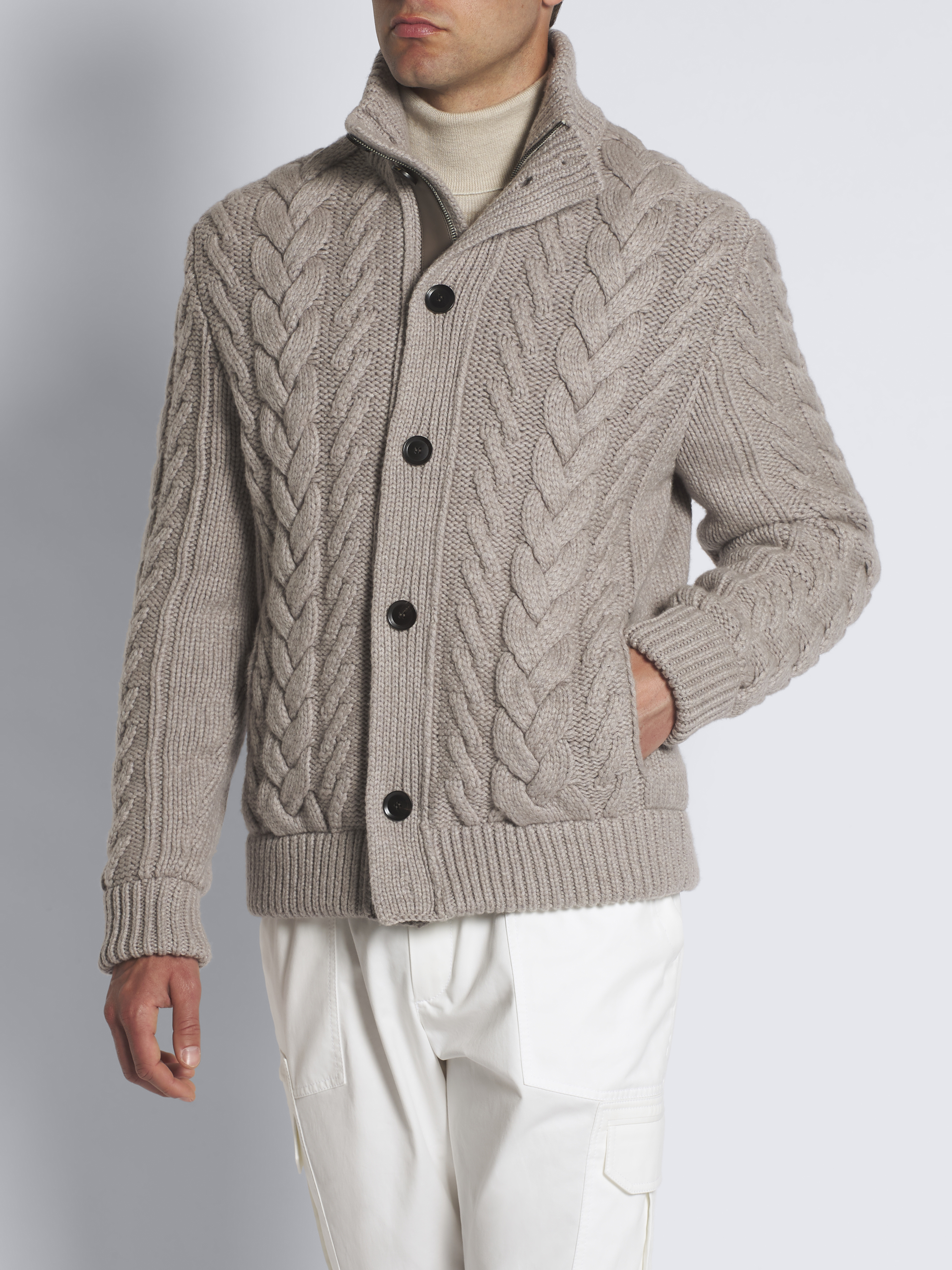 Brioni ケーブルニットセーター XS ベージュ　カシミヤ　メンズ Taupe cashmere placed cable-knit full-zip sweater