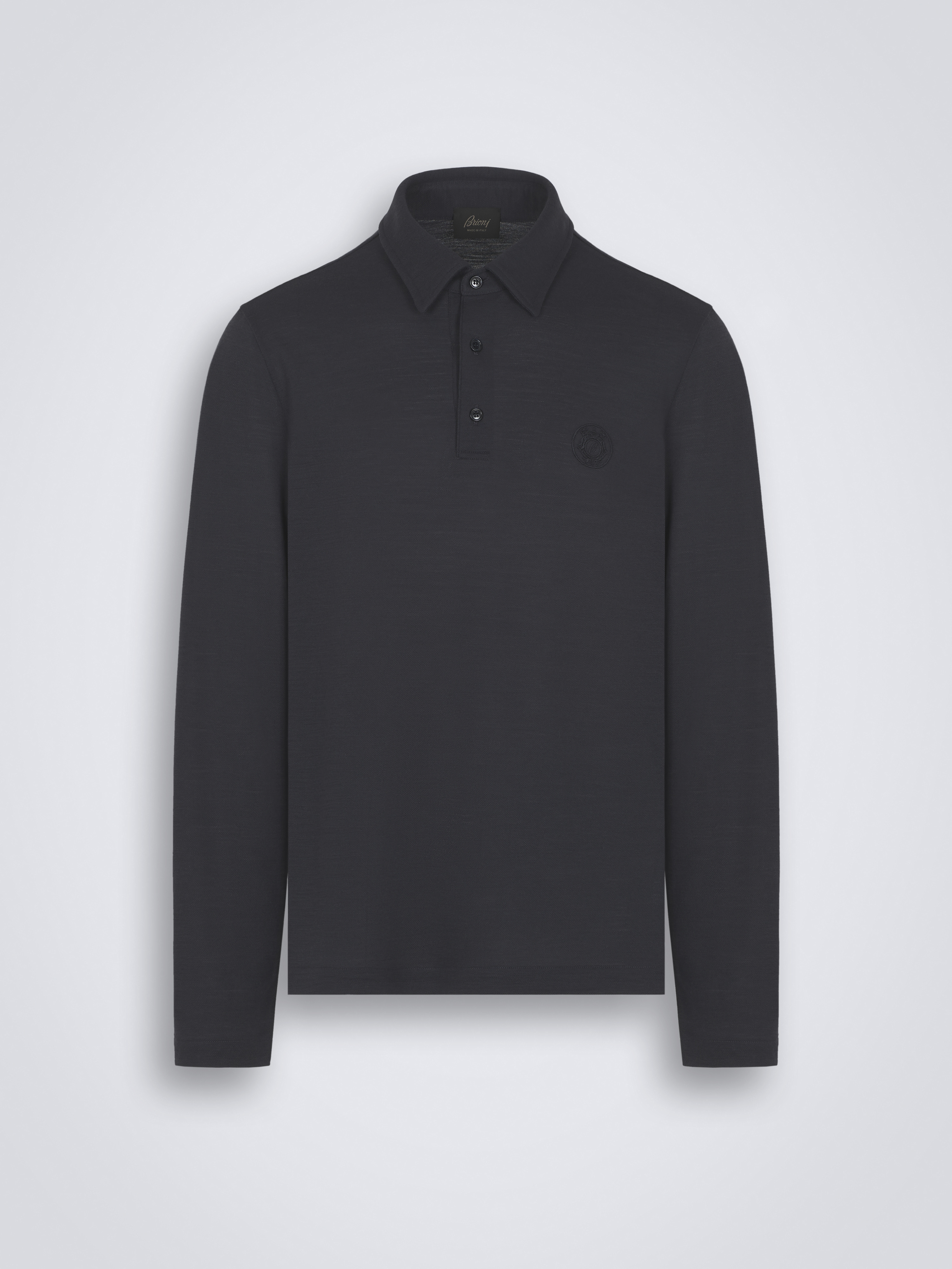 Navy blue technical wool long-sleeved polo