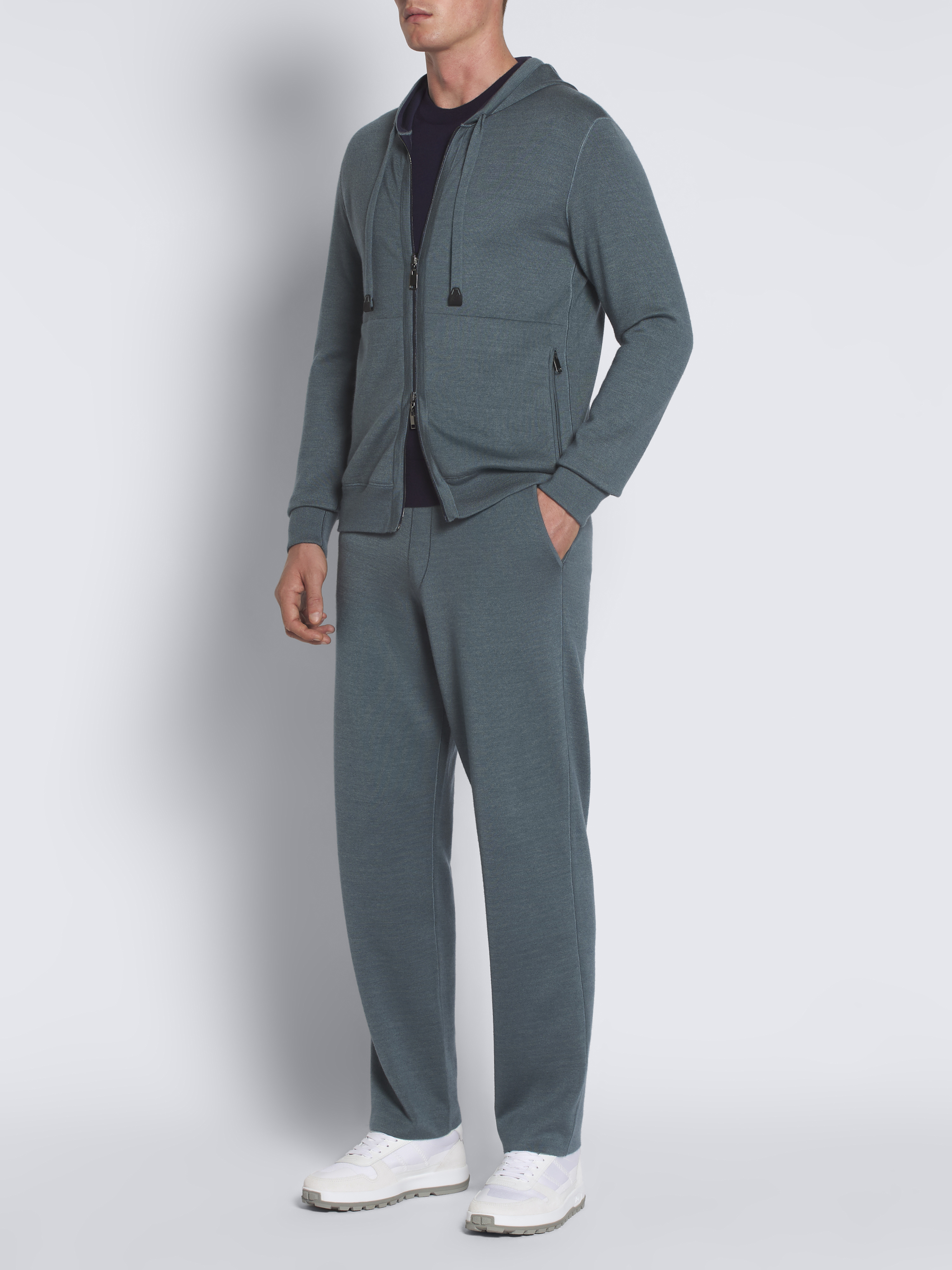 Petroleum blue cashmere, silk and cotton reversible hoodie