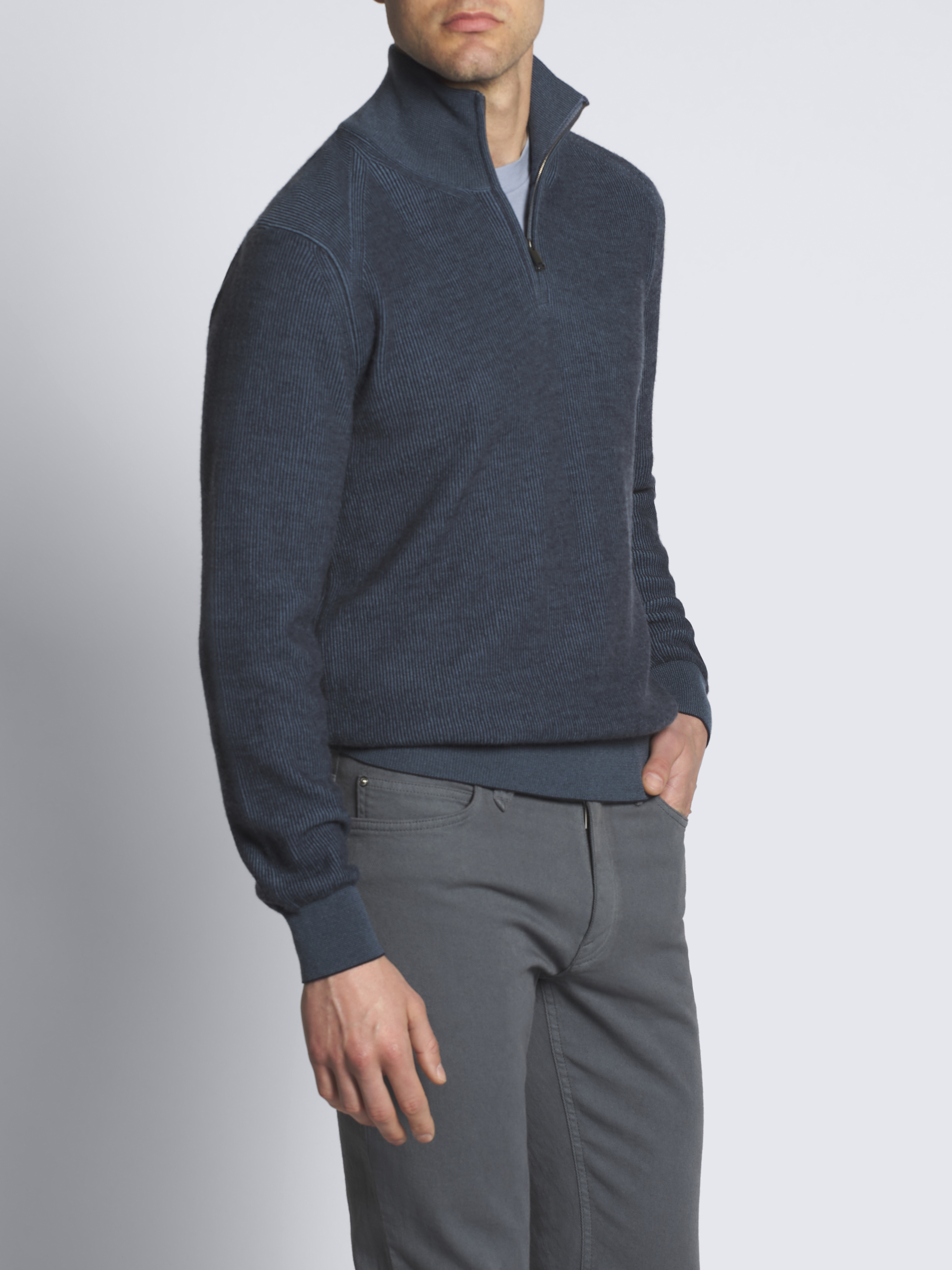 Steel blue cashmere and wool half-zip sweater
