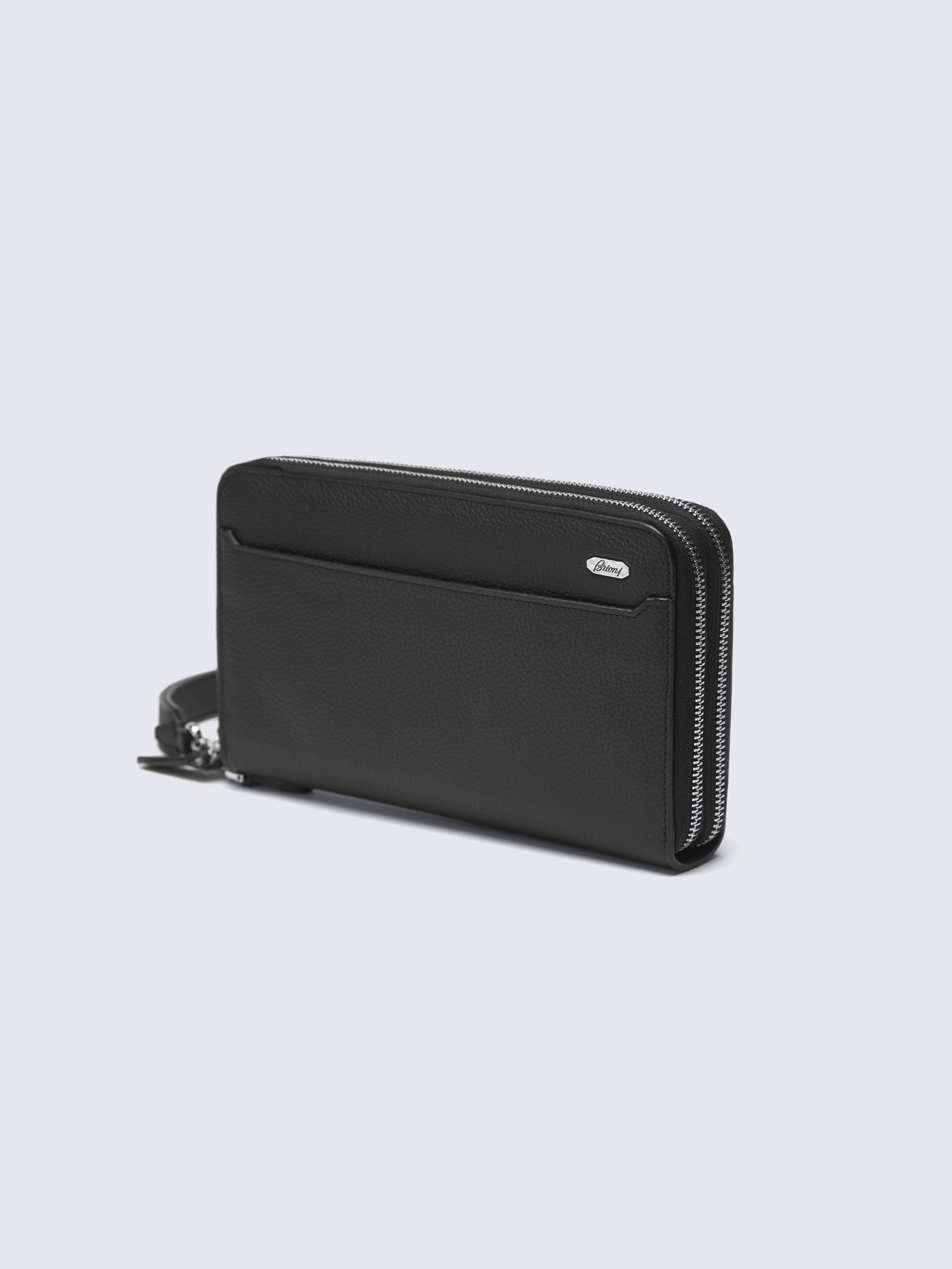 モリオジ Black grained leather double zip wallet