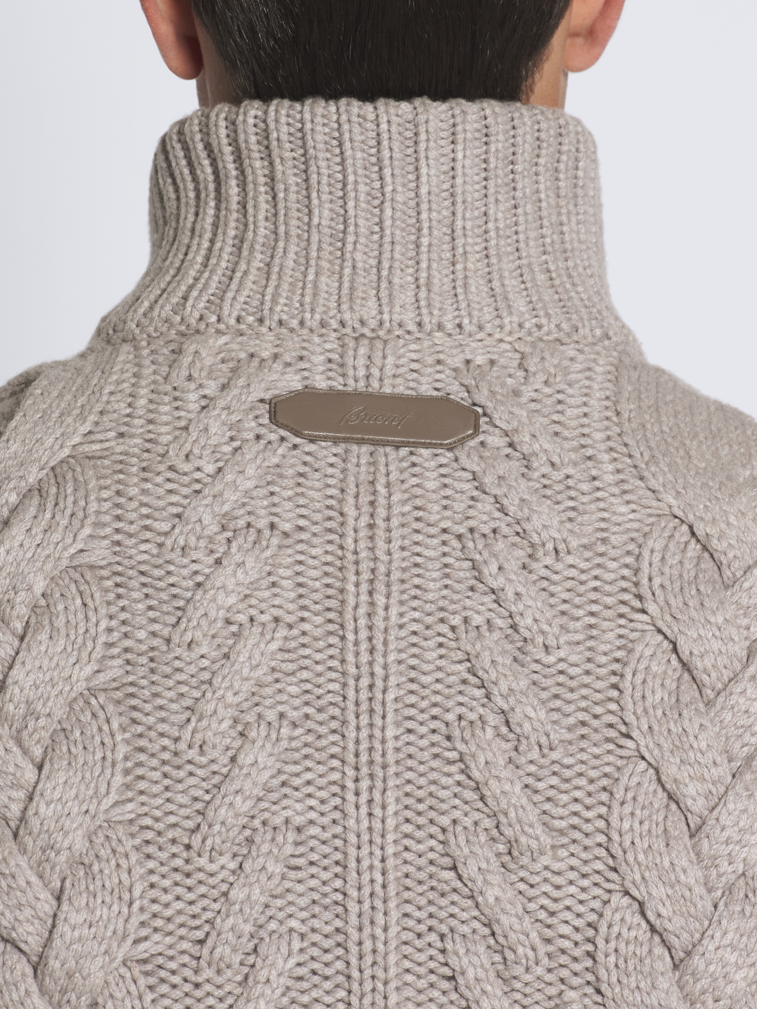 Taupe cashmere placed cable-knit full-zip sweater