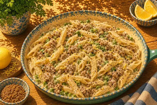 Photo of Sausage, lemon & pea pasta