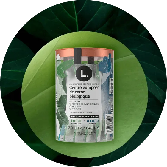 Boîte de tampons en coton biologique, indiquant une composition sans produits synthétiques et parfumés, avec 30 tampons en régulier et super