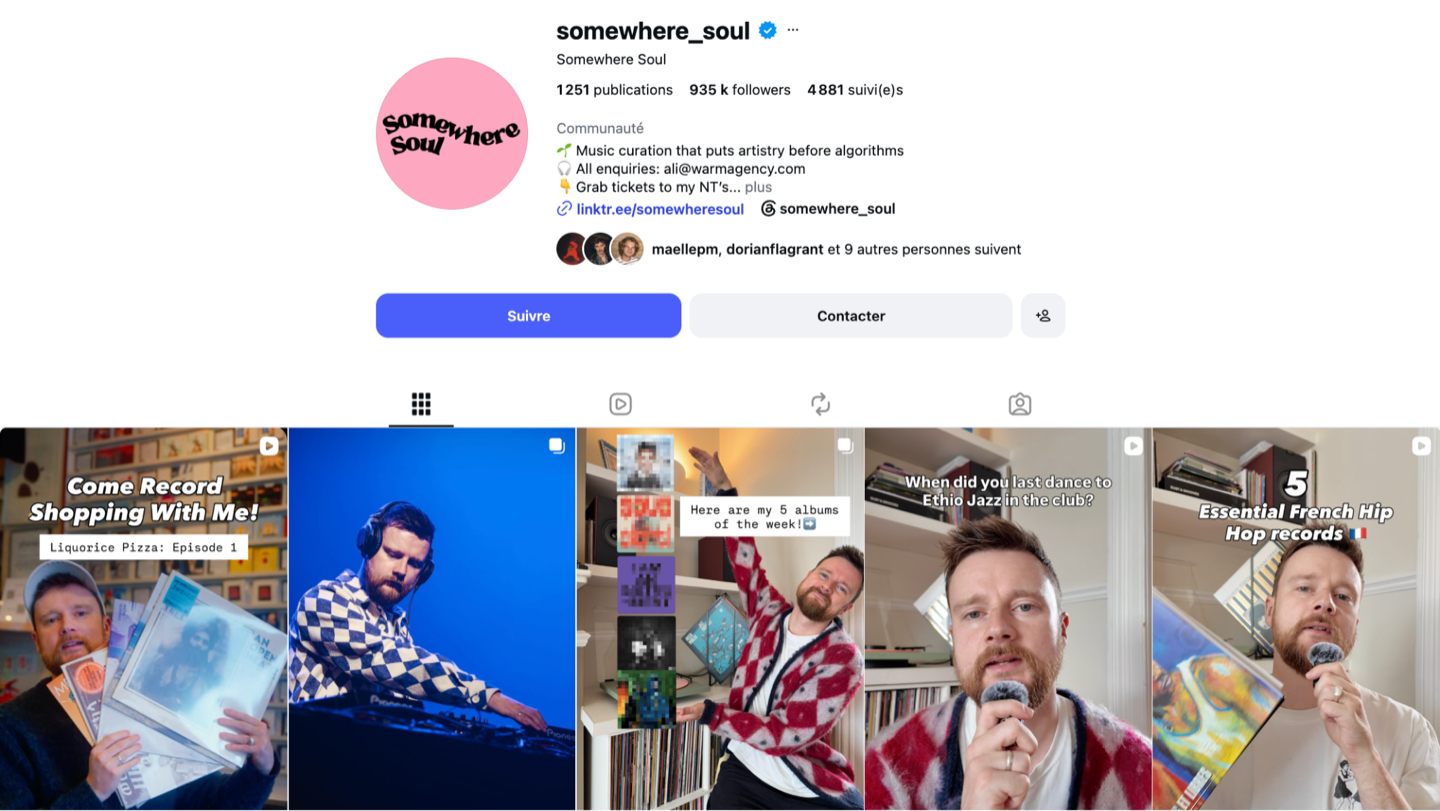 Somewhere Soul, a curator active on Groover: the selection lives mostly outside Spotify, on Instagram.