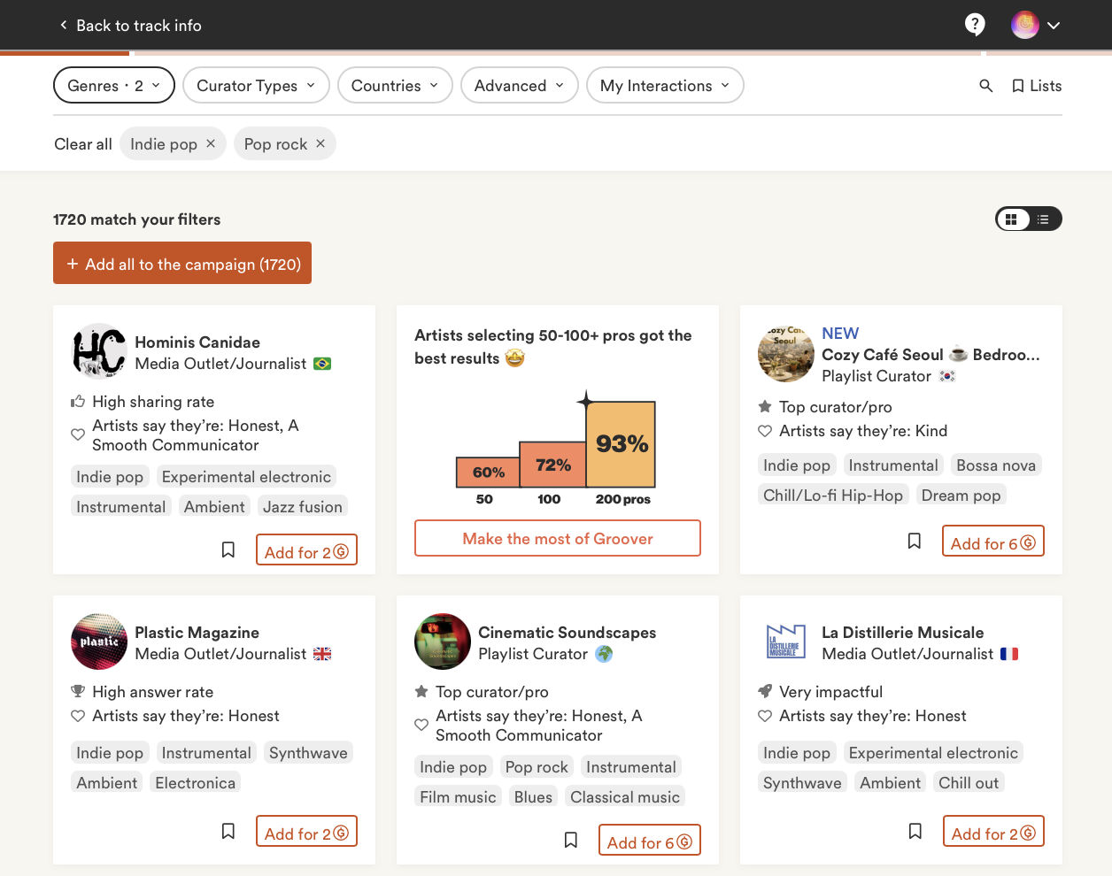 On Groover, artists pick the curators they contact and pay in Grooviz: that budget is what pays for the curator's feedback.