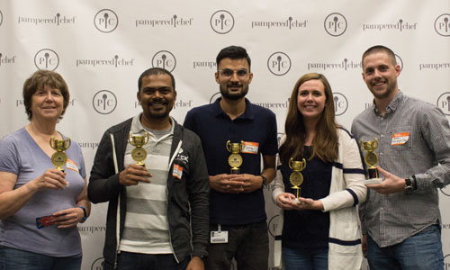 Coworkers Holding Trophies