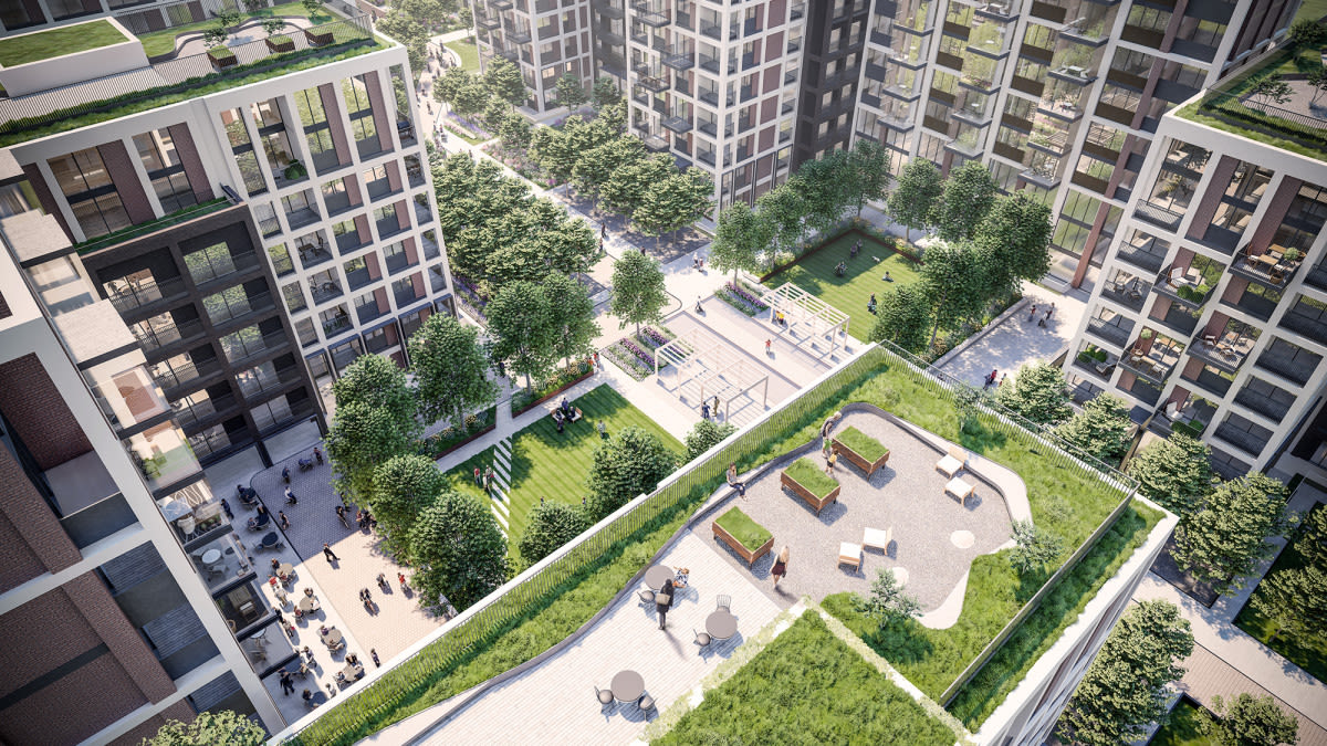 View across the roof gardens and central amenity spaces