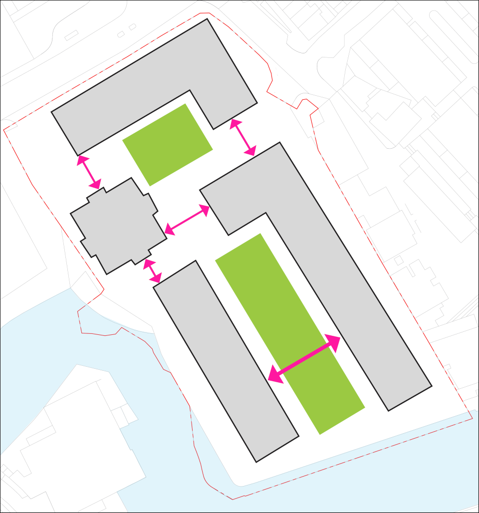 Maximise distances between blocks to create usable spaces and minimise overlooking