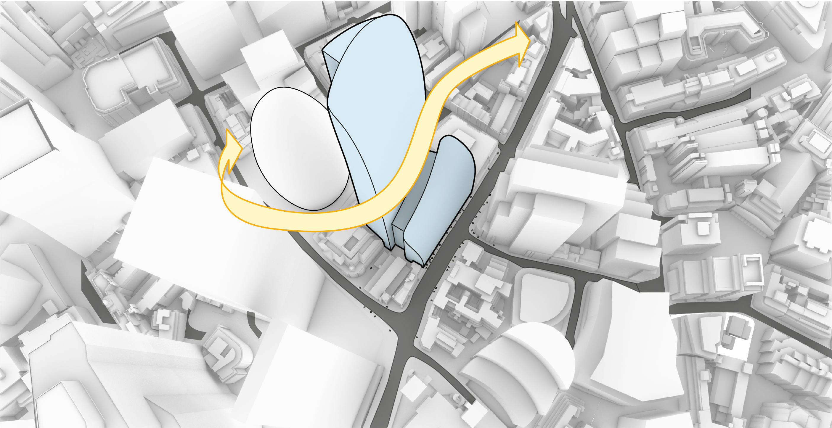 The massing of the podium and tower are carefully sculpted and taped to open up new routes and connections and to allow light down to the ground plane