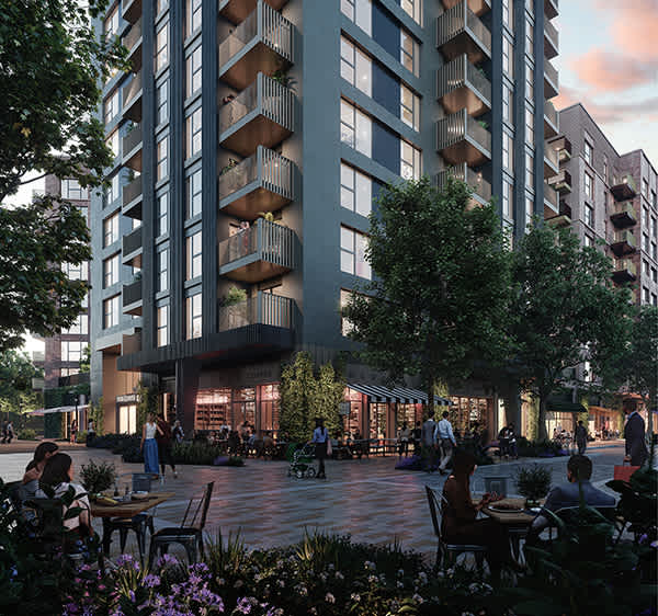 Lively ground floor areas at H7, Elephant Park