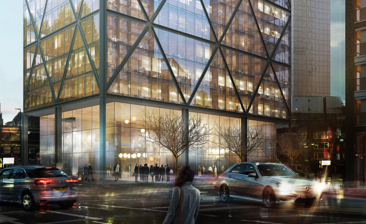 Aldgate's double-height lobby creates a prominent entrance sequence for the building, connecting to the new public realm at the building's base