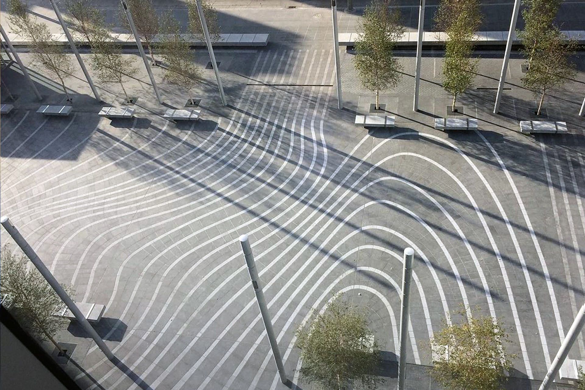 The public plaza includes 7000 pieces of granite cut to a specific pattern references the Bow Glacier's geology