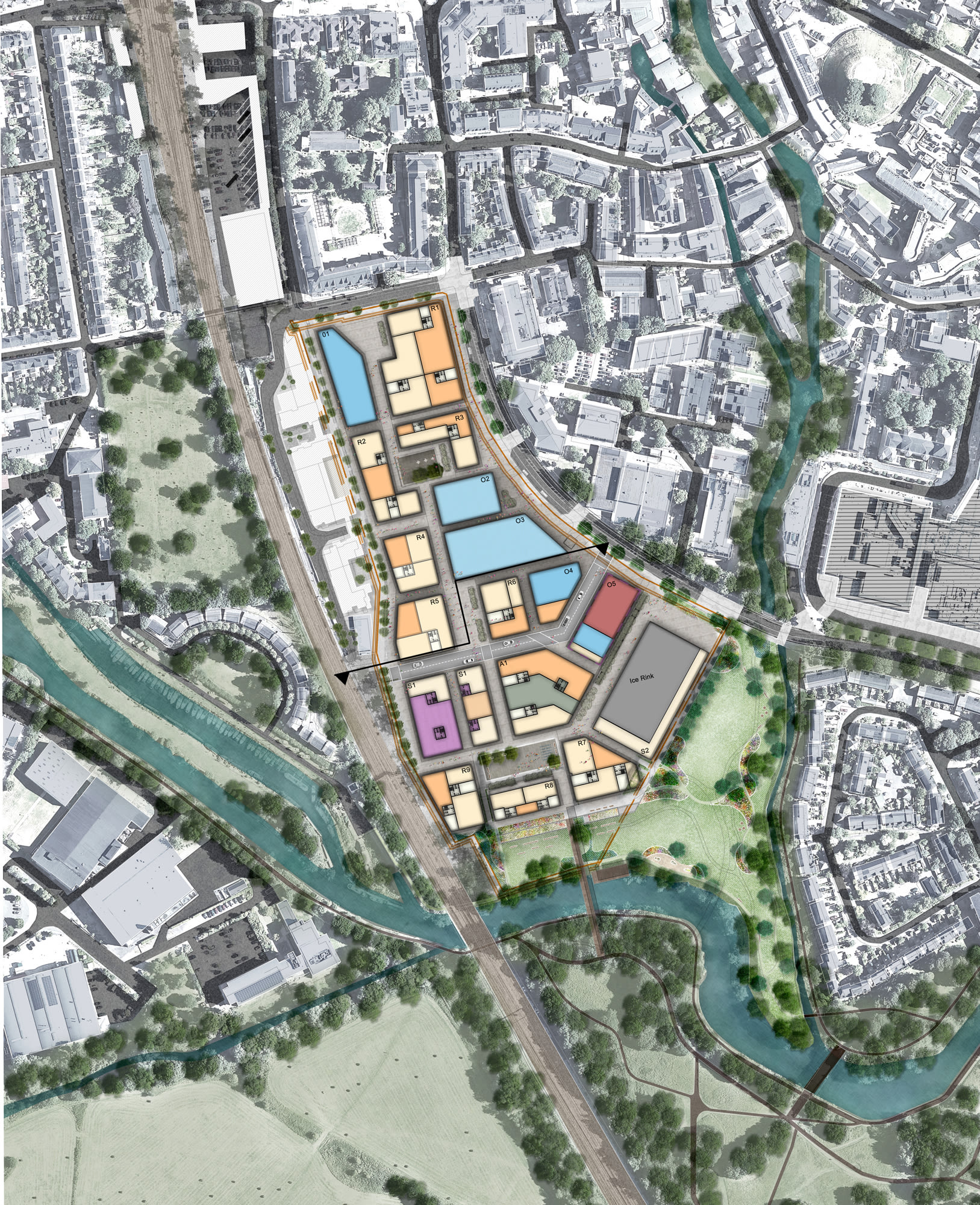 The masterplan exhibits a range of different plot sizes based on two interlocking city grids