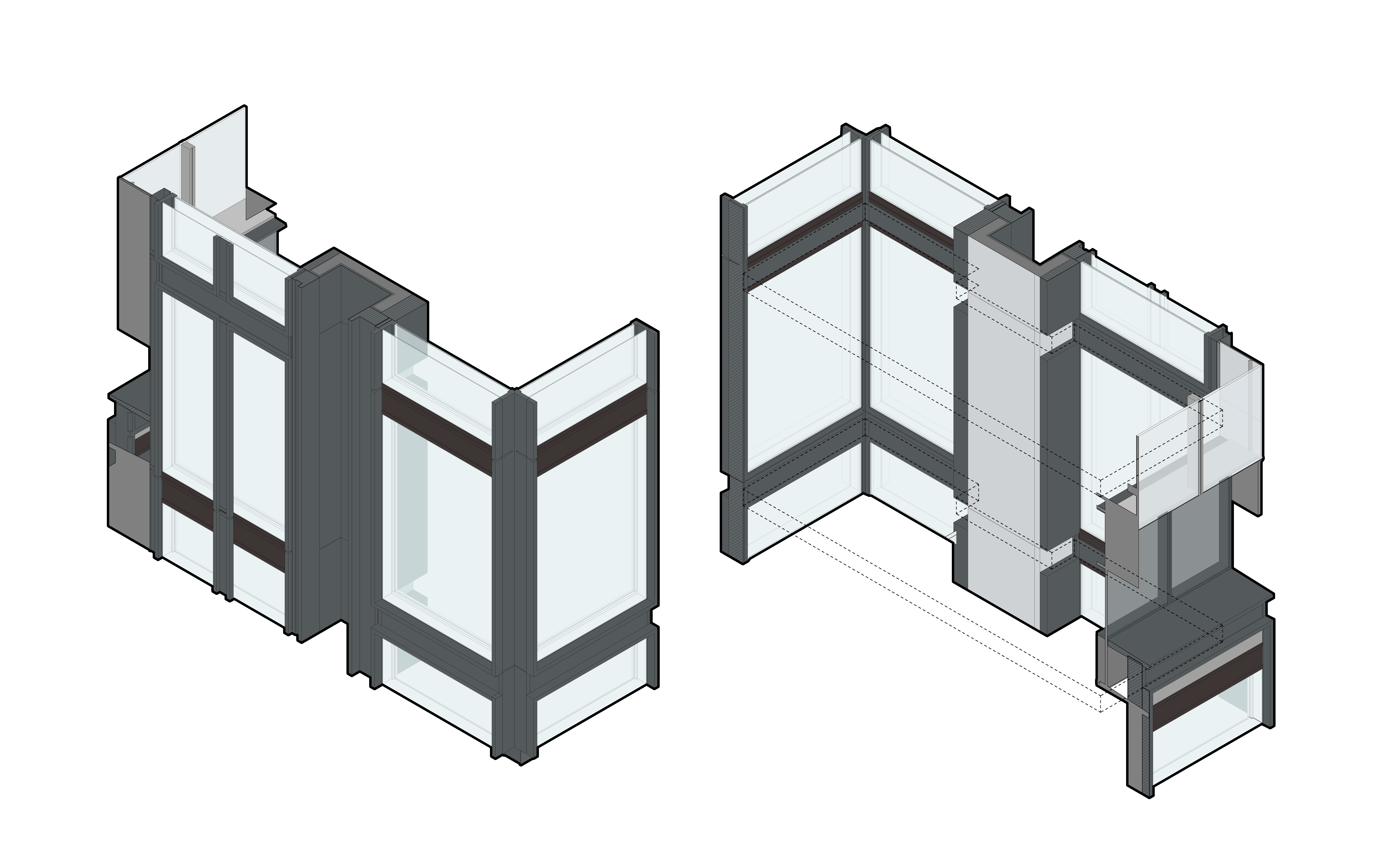 Design studies exploring the key junctions of 1.5m and 3.0m Closed Cavity Facade (CCF) systems which are split vertically with a metal re-entrant gasket to provide scale, rhythm and proportion