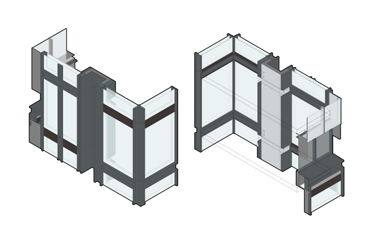 Design studies exploring the key junctions of 1.5m and 3.0m Closed Cavity Facade (CCF) systems which are split vertically with a metal re-entrant gasket to provide scale, rhythm and proportion