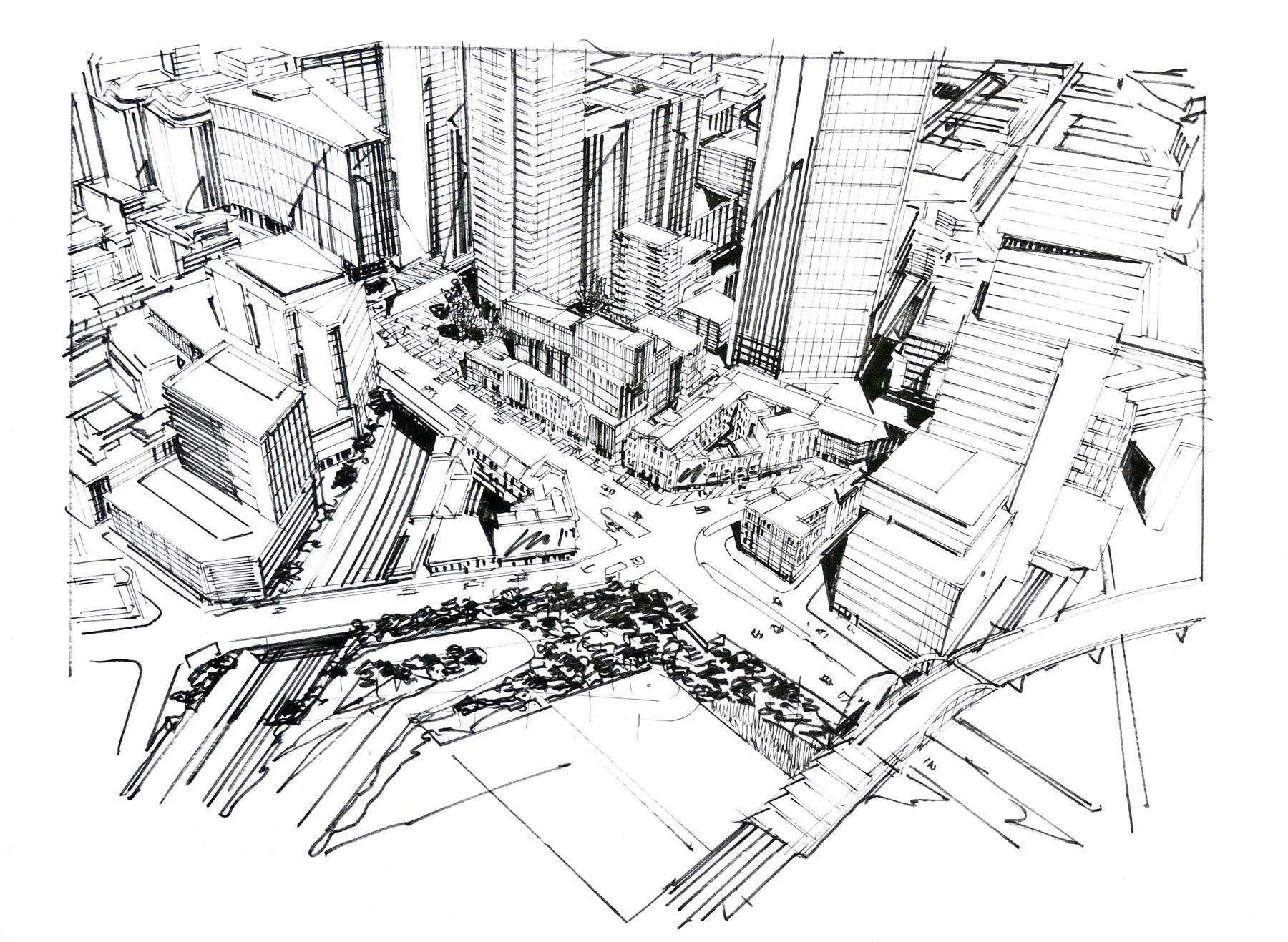 Overview of the stacked massing of the new built fabric