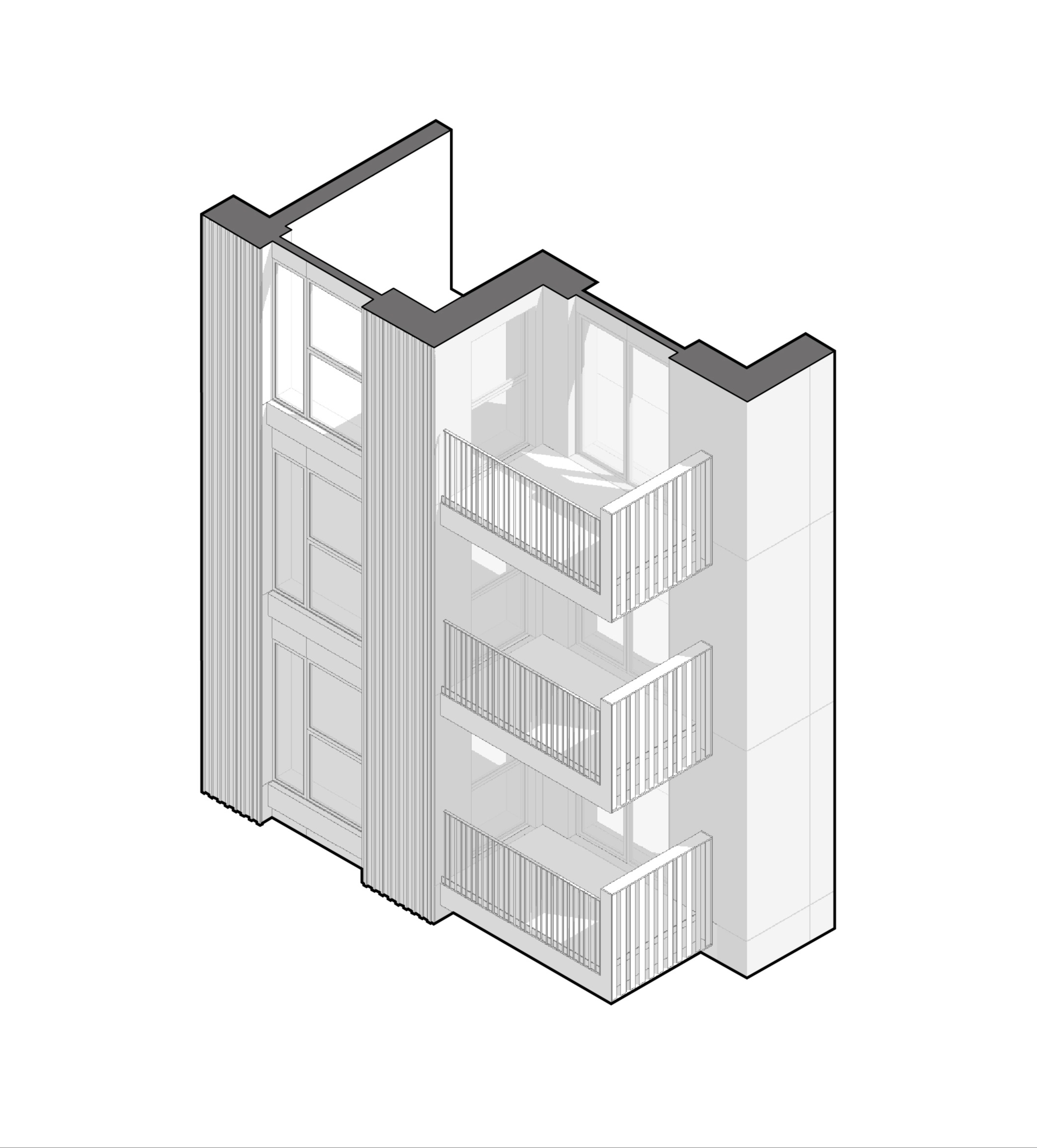 Isometric detail of balcony featuring optimised balusters