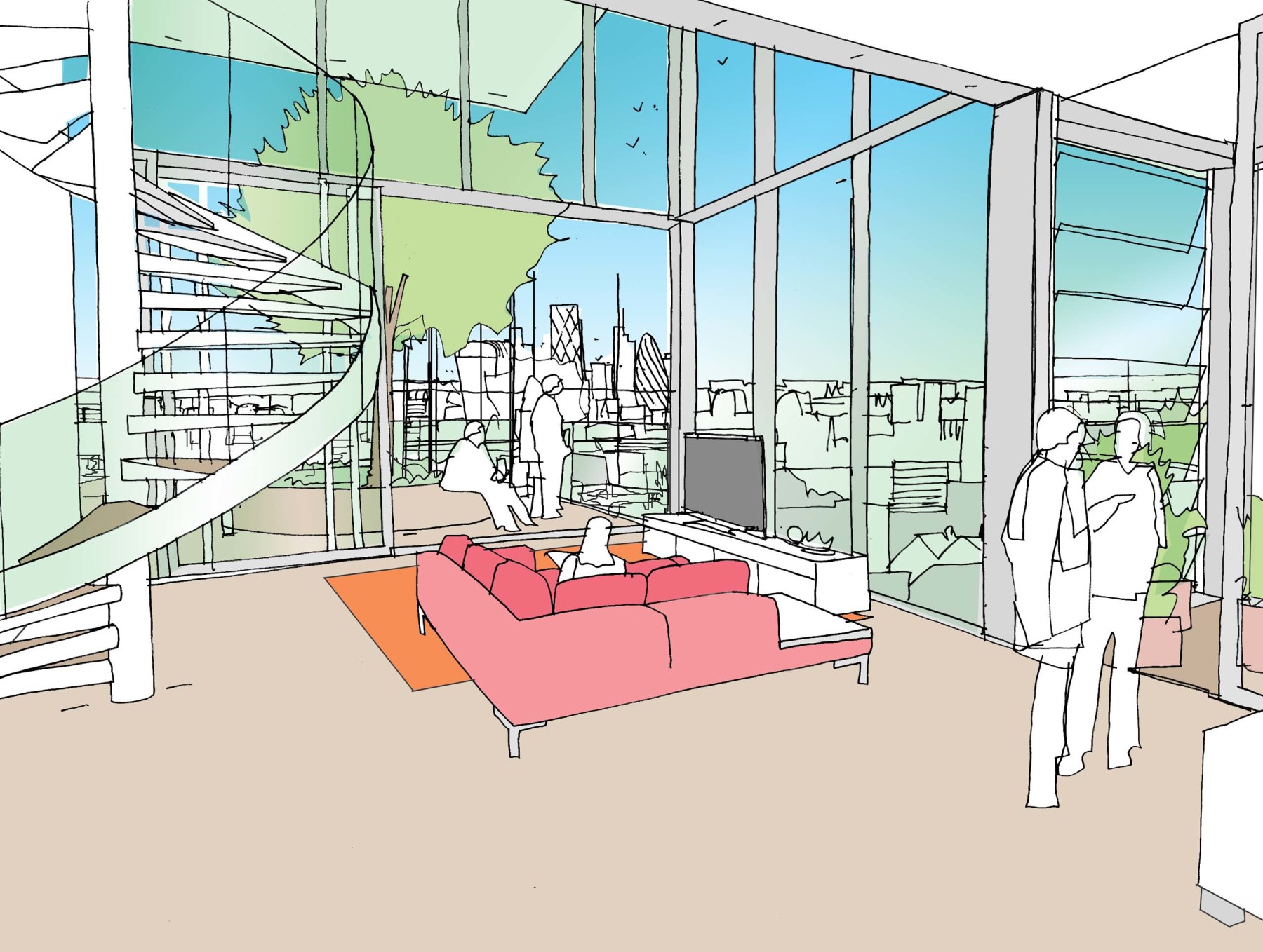 Wraparound views from the lower level of one of the duplex apartments leading out into the wintergarden