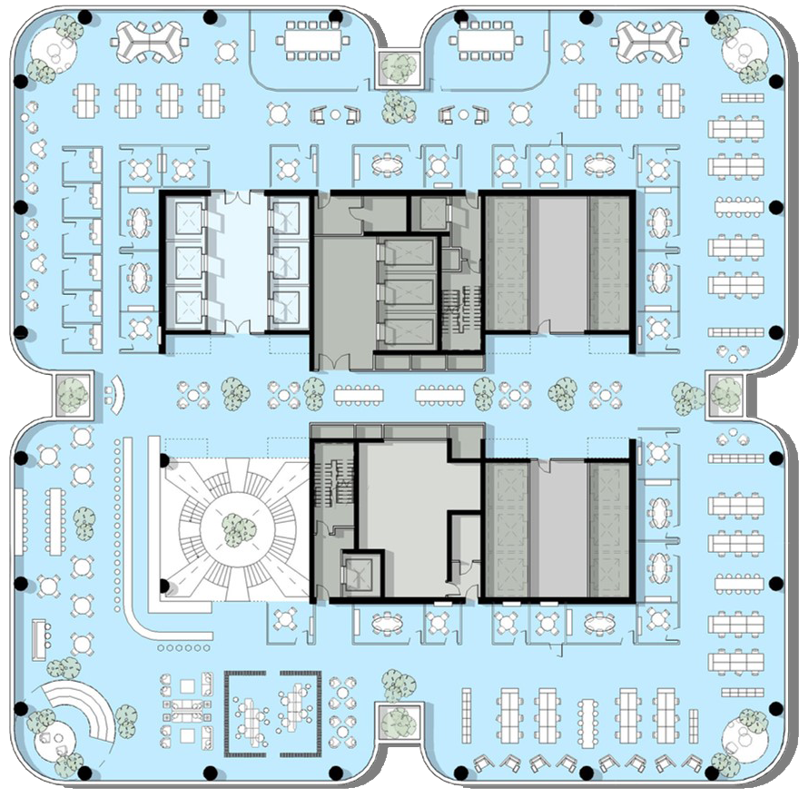A typical office floorplate showing the winter garden indents segmenting the floorplate, and an interconnecting stair enabled by the efficient double-decker lifting strategy saving space.
