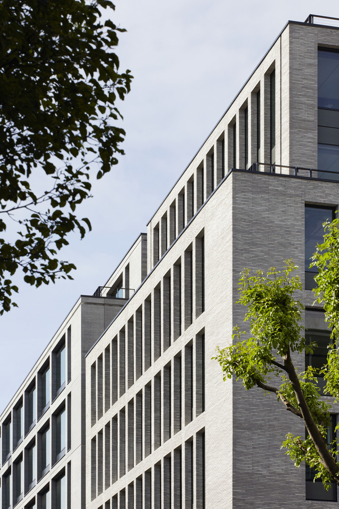 The textured brick façade creates a seamless addition to Fitzrovia. Credit: Derwent/Jack Hobhouse