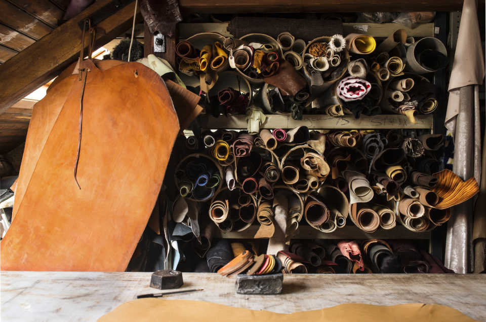 Bill Amberg's studio is stocked with all kinds of artisan leathers. Credit: Amy Shore Photography/Bill Amberg Studio
