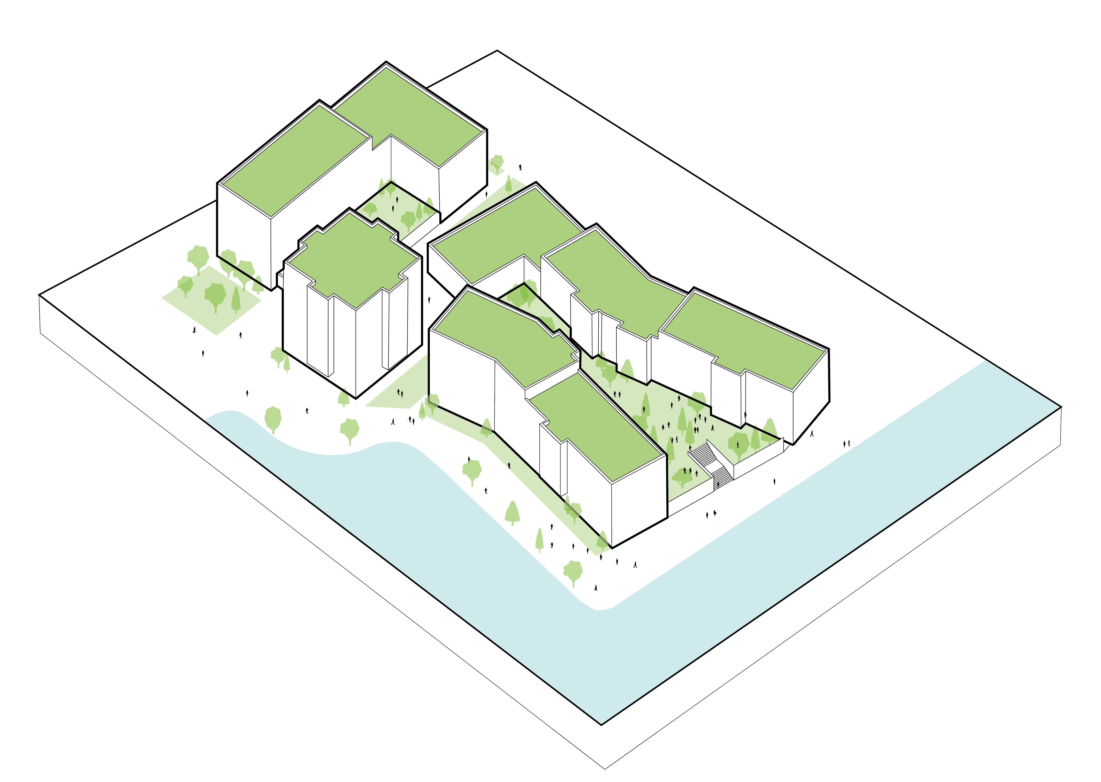 The massing comprises interconnected blocks cranked to open up expansive views towards the river and to minimise overlooking