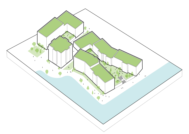 The massing comprises interconnected blocks cranked to open up expansive views towards the river and to minimise overlooking