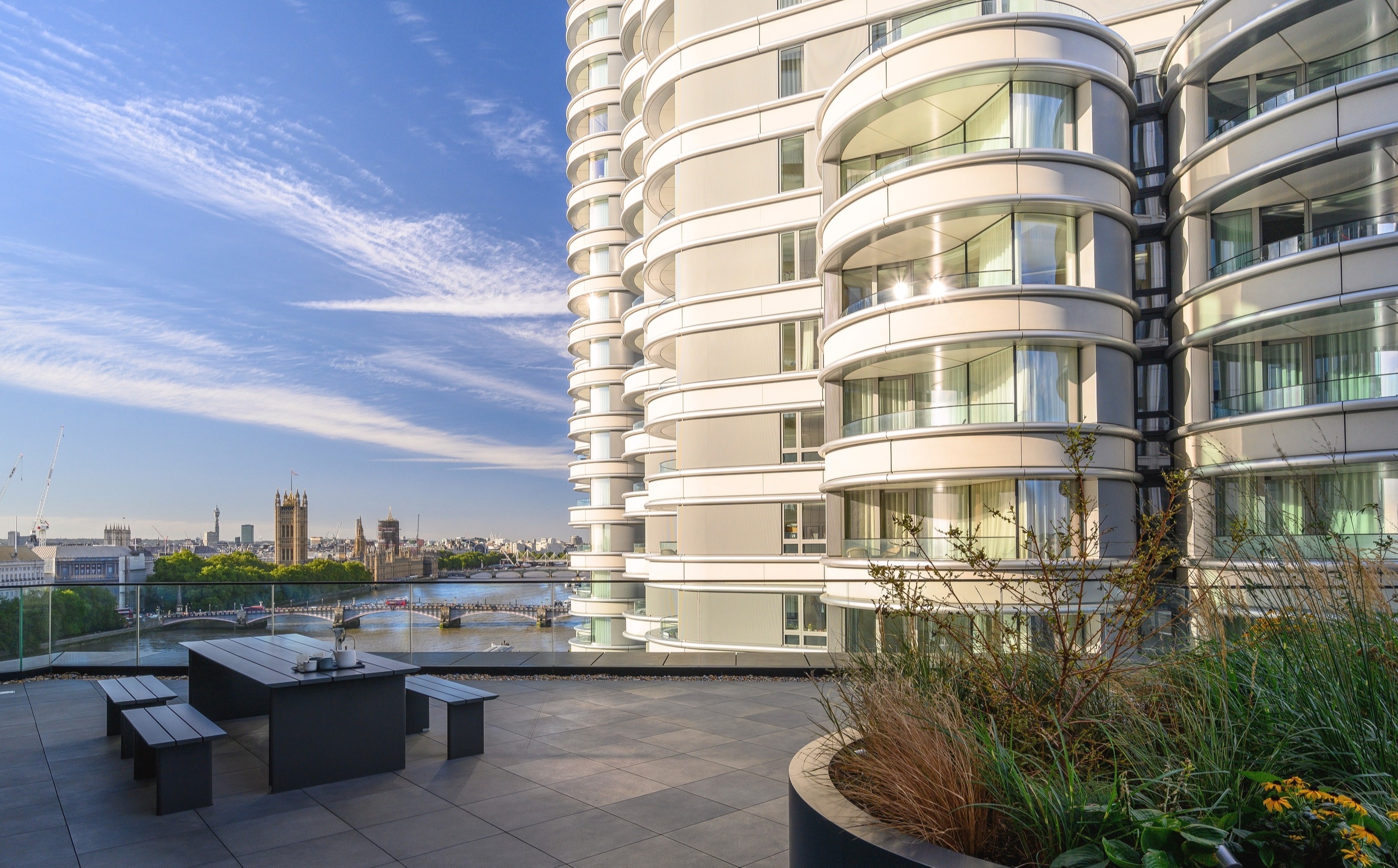 The landscaped terrace offers panoramic views over the river Thames and Houses of Parliament