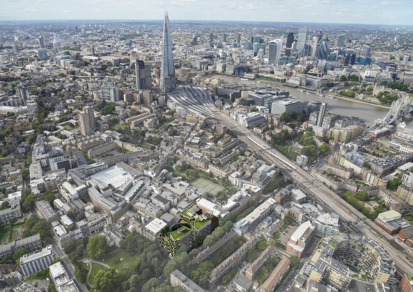 Aerial view of the site with Tower Bridge Road leading to the Thames and the Shard in the background