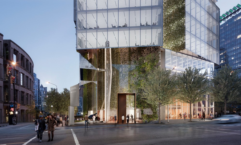 The building's base has a strong landscape connection. Credit: OSO and Merrick Architecture, developed by Westbank Corp