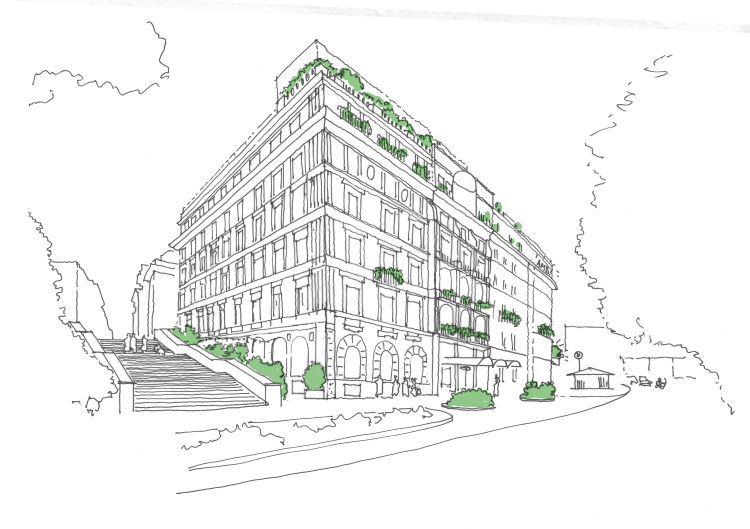 Sketch exploring greening the Ambasciatori's facade