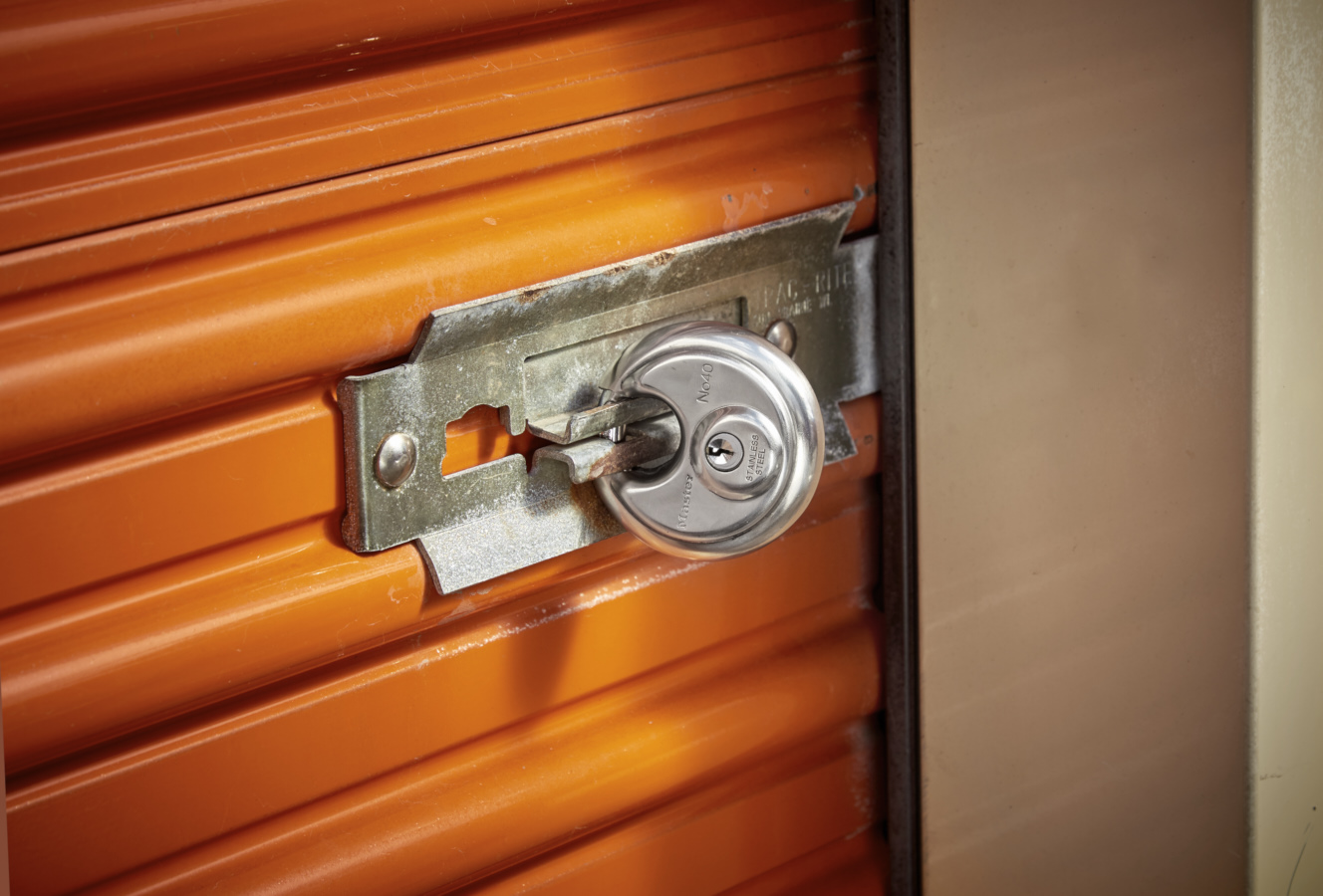 Master Lock 40D Padlock secured to a storage shed