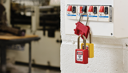 Master Lock Safety Padlocks Secured to a Circuit Breaker with S430 Lockout Hasps