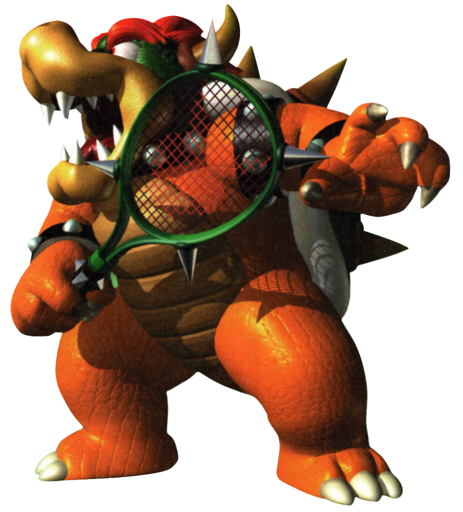 Bowser scan from Mario Tennis where he's holding a tennis racket and screaming