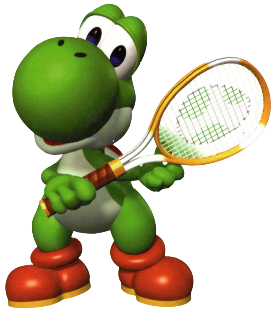 Yoshi smiling while holding their racket