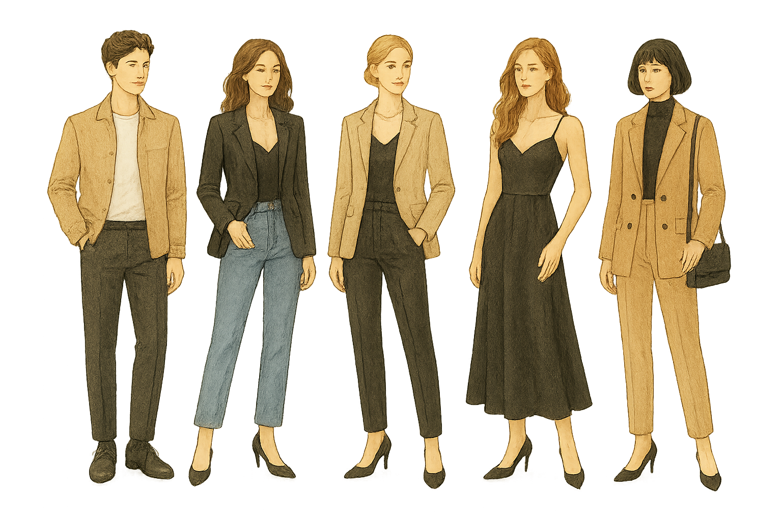 A digital watercolor showing five fashion-forward figures in distinct modern outfits, with elegant proportions, unique shoes, and transparent background design.