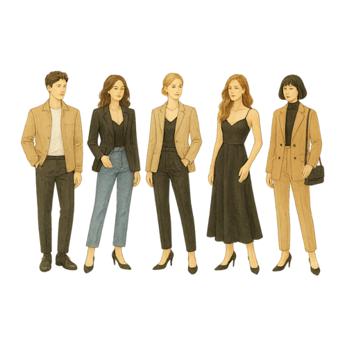 A digital watercolor showing five fashion-forward figures in distinct modern outfits, with elegant proportions, unique shoes, and transparent background design.