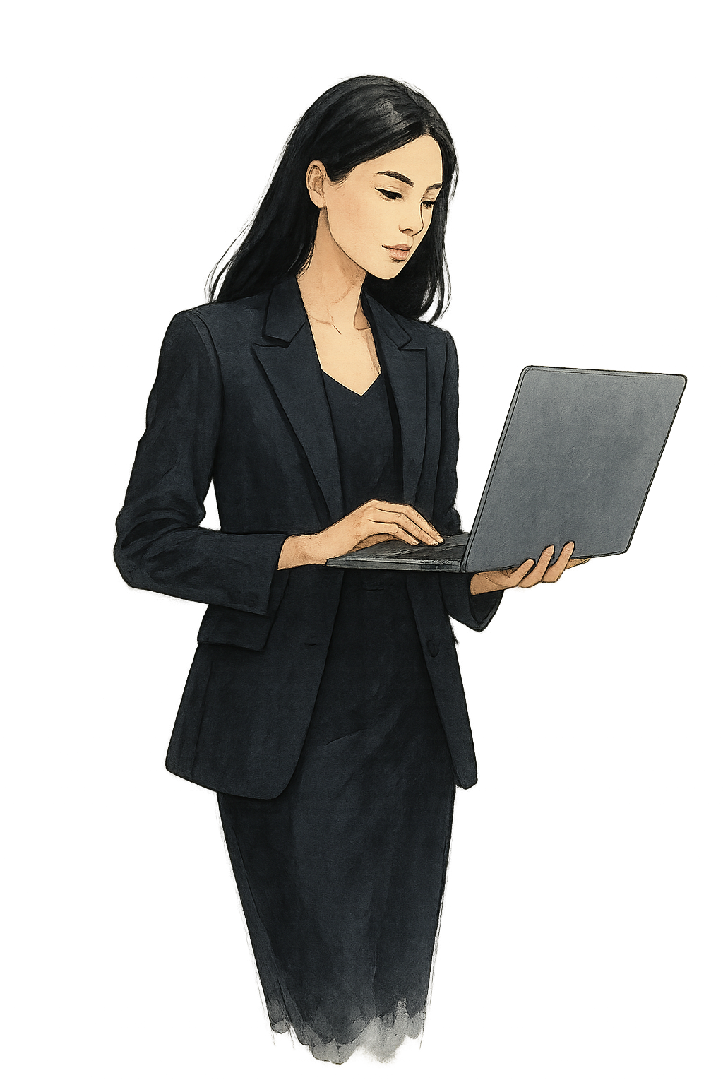 A chic fashion illustration of a woman in a black tailored suit, rendered in soft digital watercolor with refined minimalist detailing and confidence.

