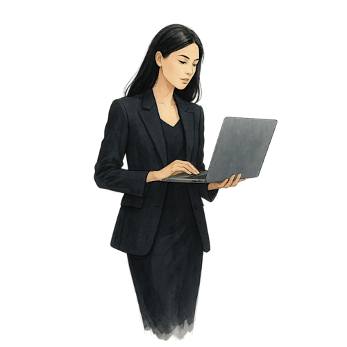 A chic fashion illustration of a woman in a black tailored suit, rendered in soft digital watercolor with refined minimalist detailing and confidence.