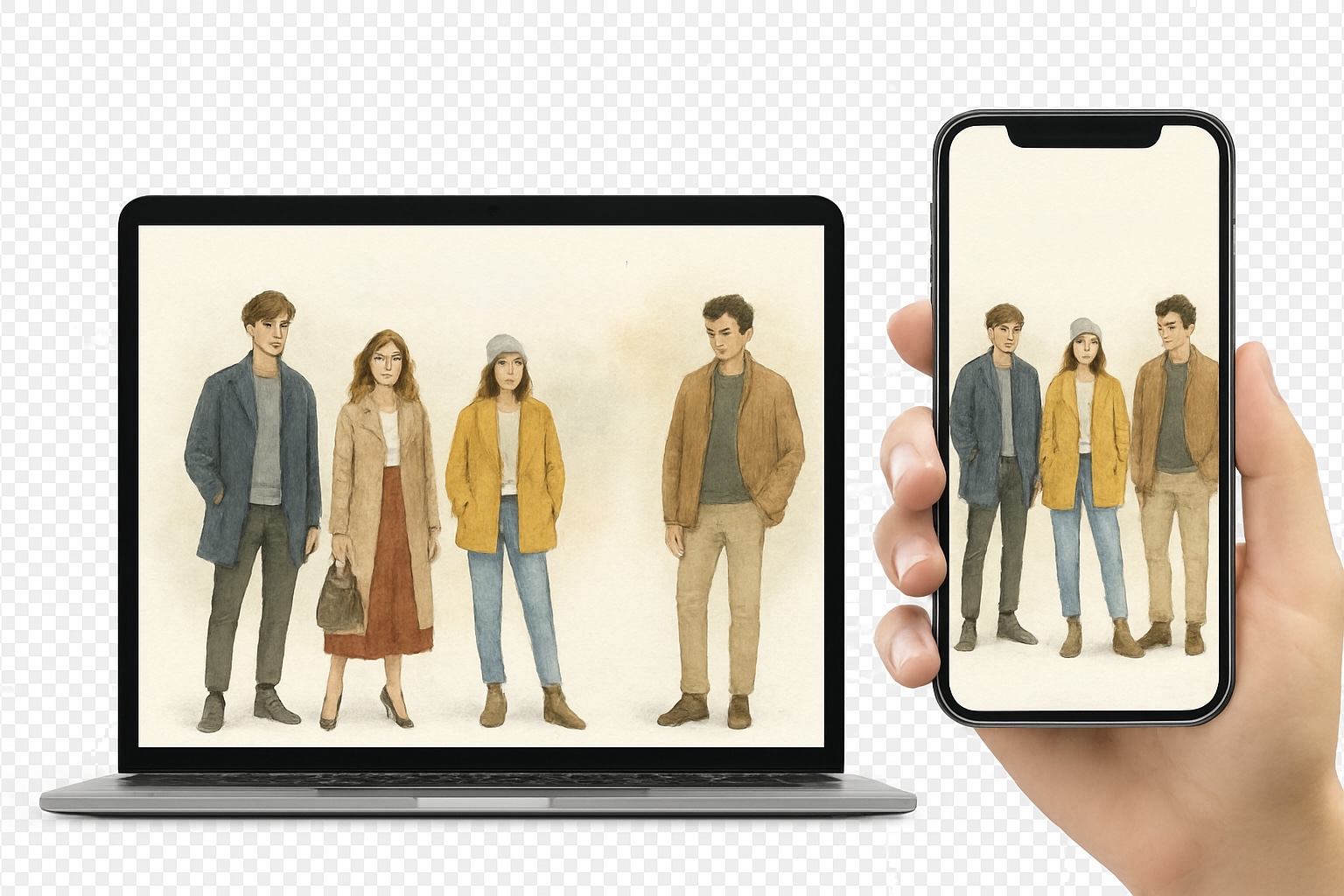 A digital watercolor composite featuring a laptop and smartphone displaying elegant fashion illustrations. Designed with a transparent background, this artwork symbolises modern connectivity, digital communication, and the seamless link between technology and style.