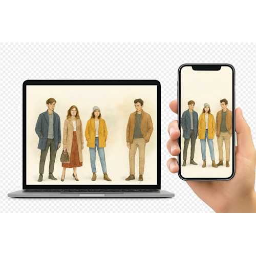 A digital watercolor composite featuring a laptop and smartphone displaying elegant fashion illustrations. Designed with a transparent background, this artwork symbolises modern connectivity, digital communication, and the seamless link between technology and style.