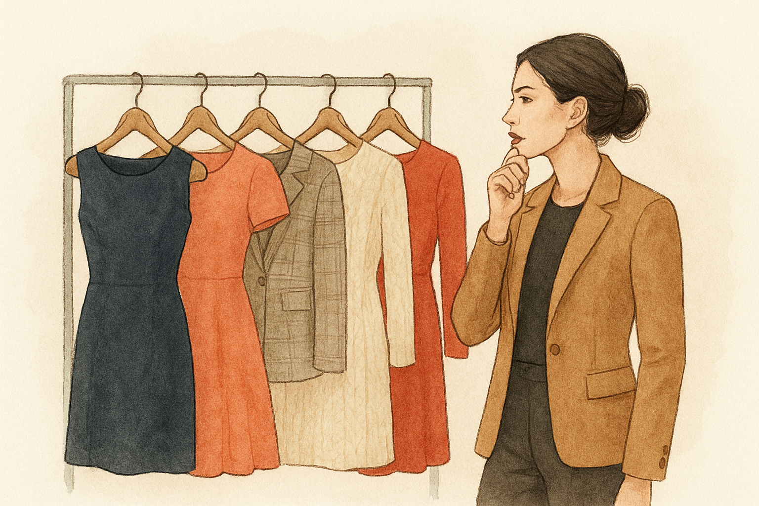 A stylish woman dressed in modern, sophisticated fashion examining a rack filled with diverse, trendy garments, from a bodycon dress to a statement blazer. The illustration uses delicate linework, soft watercolor washes, and a luxury editorial aesthetic.
