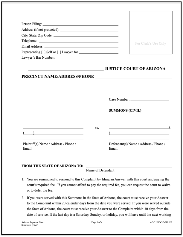 Image of the first page of an official Arizona Summons form