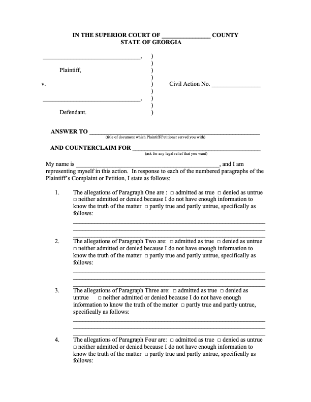 Image of a Georgia court answer form