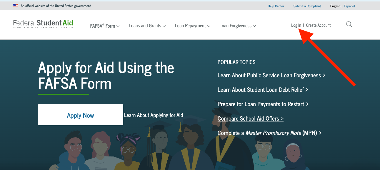 StudentAid.Gov Homepage with Arrow pointing to login button